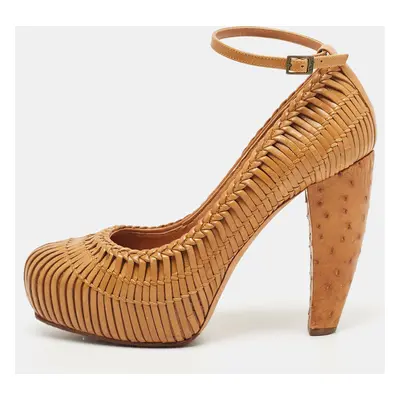 Dior Brown Woven Leather and Ostrich Basketweave Platform Ankle Strap Pumps Size