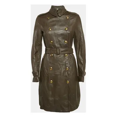 Burberry Brown Leather Double Breasted Trench Coat