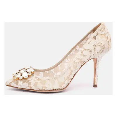 Dolce & Gabbana Off White Lace Bellucci Embellished Pointed Toe Pumps Size