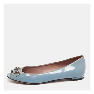 Gucci Grey Patent Leather Horsebit Peep Toe Ballet Flats Size 36.5