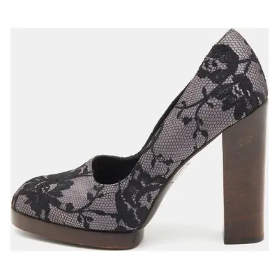 Gucci Black/Grey Floral Lace and Satin Platform Round Toe Pumps Size