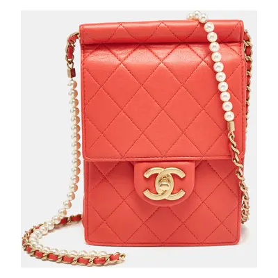 Chanel Red Quilted Leather Vertical Pearl Chain Clutch