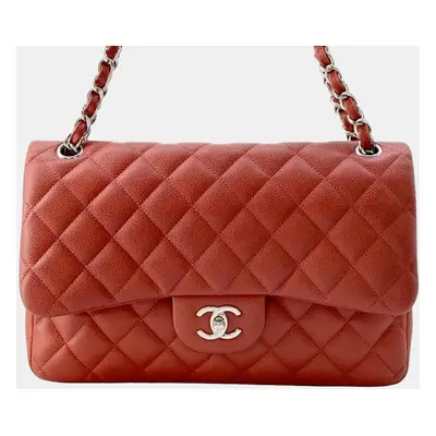 Chanel Red Caviar Leather Jumbo Classic Double Flap Shoulder Bag