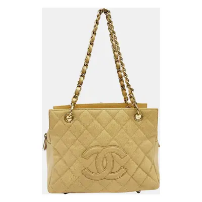 CHANEL Beige Petite Timeless Tote Quilted Caviar Shoulder Bag