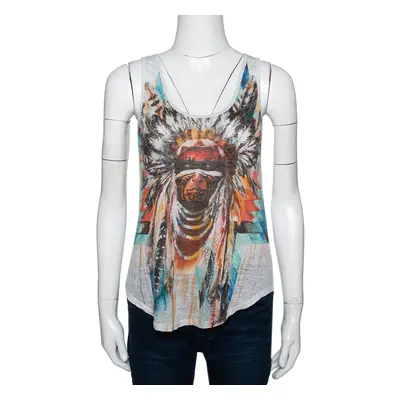 Balmain Pale Grey Linen Jersey Red Indian Print Sleeveless Tank Top