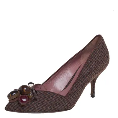 Miu Miu Vintage Brown Wool Houndstooth Enamel Embellished Work Pumps Size