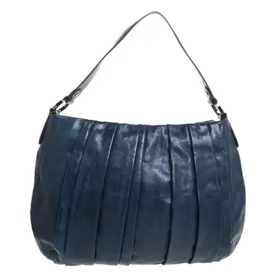 Dkny Navy Blue Pleated Leather Floral Chain Detail Hobo