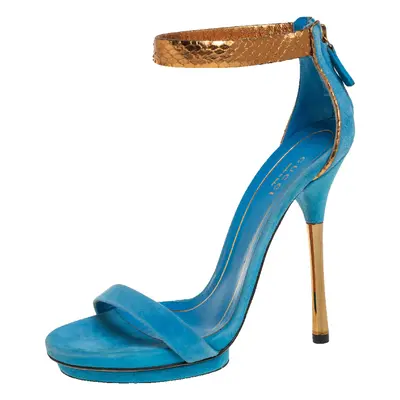 Gucci Blue/Gold Suede and Python Leather Kelis Ankle Strap Platform Sandals Size