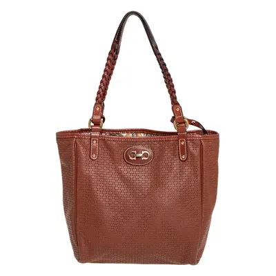 Salvatore Ferragamo Brown Perforated Leather Braided Handle Tote