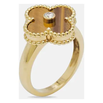 Van Cleef & Arpels Vintage Alhambra Tiger's Eye Diamond 18k Yellow Gold Ring Size