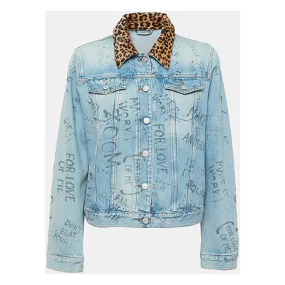 Gucci Blue Printed Cow Fur Trimmed Denim Jacket