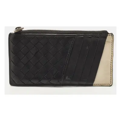 Bottega Veneta Black/White Intrecciato Leather Zip Card Holder