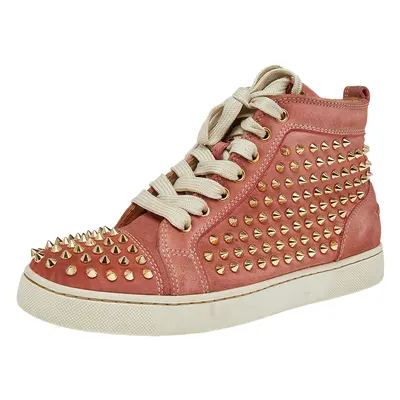 Christian Louboutin Peach Nubuck Spike Embellished Louis Orlato Mid Top Sneakers Size