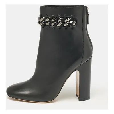 Valentino Black Leather Chain Link Embellished Block Heel Ankle Boots Size