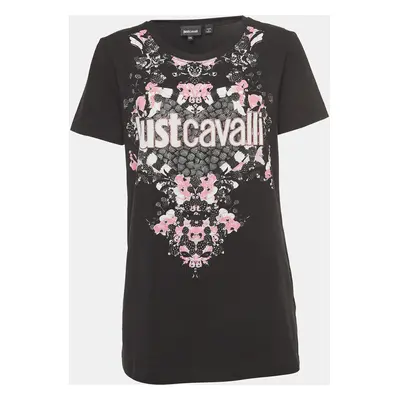 Just Cavalli Black Logo Print Stretch Cotton Fitted T-Shirt