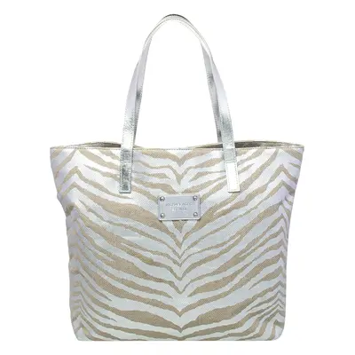 Michael Kors Silver/Beige Canvas And Patent Leather Tote