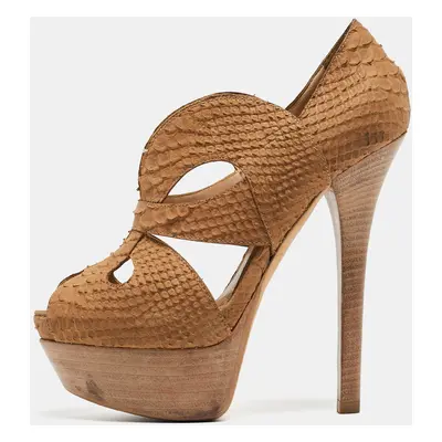 Fendi Brown Python Embossed Leather Peep Toe Pumps Size