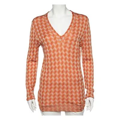 Bottega Veneta Orange Chevron Knit V-Neck Long Sleeve Sweater