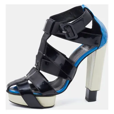 Pierre Hardy Black/Blue Patent Leather Caged Ankle Strap Sandals Size