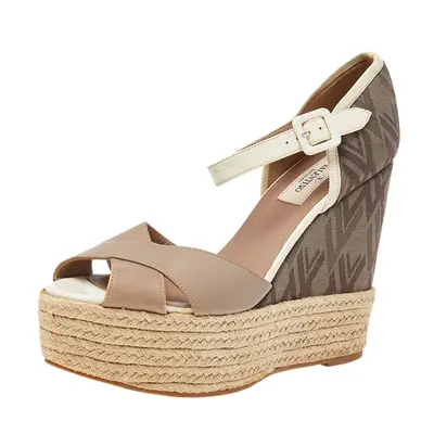 Valentino Beige/Brown Leather And Fabric Wedge Platform Espadrille Sandals Size 39.5