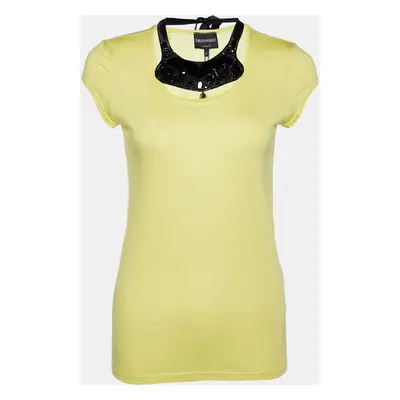 Emporio Armani Yellow Cotton & Modal Embellished Neck Detail T-Shirt