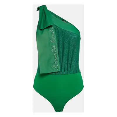 Elisabetta Franchi Green Lurex Knit One-Shoulder Bow Detail Bodysuit