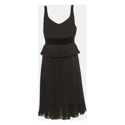 Emporio Armani Black Velvet Trim Crepe Pleated Midi Dress