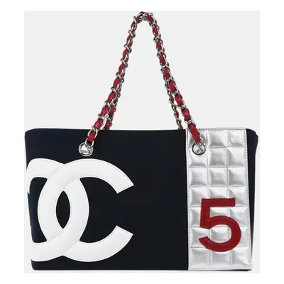 Chanel Navy Silver Canvas No.5 Choco Bar Tote Handbag