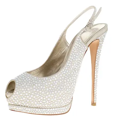 Giuseppe Zanotti Beige Suede Crystal Embellished Peep Toe Platform Slingback Sandals Size