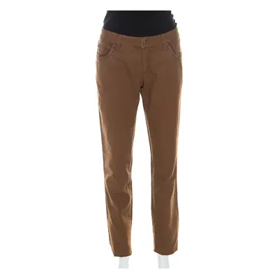 Roberto Cavalli Brown Stretch Cotton Leather Piping Detail Jeans