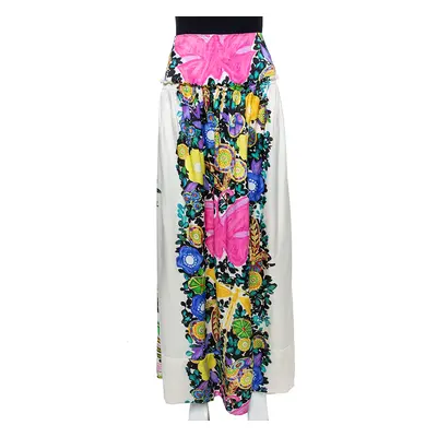 Roberto Cavalli Cream Flora & Fauna Print Satin Silk Maxi Skirt