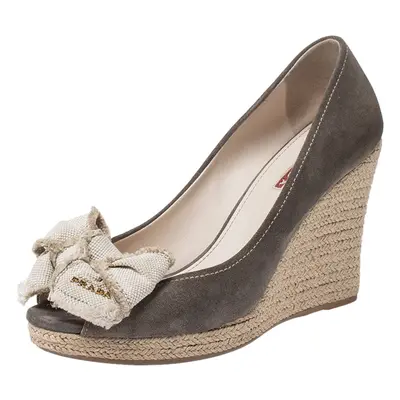 Prada Olive Green/Beige Suede and Canvas Bow Peep Toe Espadrille Wedge Pumps Size 38.5