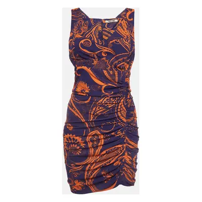 Roberto Cavalli Purple and Orange Printed Jersey Ruched Mini Dress