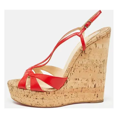 Christian Louboutin Red Leather Strappy Cork Wedge Sandals Size