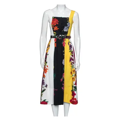 Oscar de la Renta Multicolor Floral Printed Cotton Pleated and Button Front Belted Midi Dress