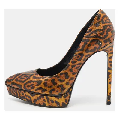 Saint Laurent Metallic Leopard Print Leather Janis Pointed Toe Platform Pumps Size