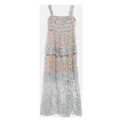 Self-Portrait Grey Blossom Embroidery Tulle Tiered Maxi Dress