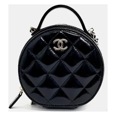 Chanel Black Shiny Leather Round Top Handle Bag