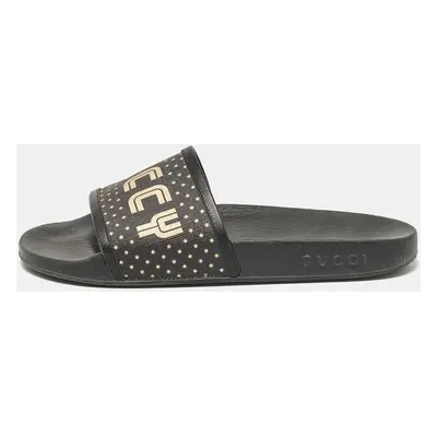 Gucci Black/Gold Coated Canvas and Leather Star Guccy Slides Size