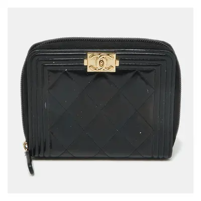 Chanel Black Quilted Patent Leather Boy Zip Around Wallet