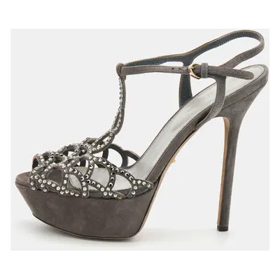 Sergio Rossi Grey Suede Embellished Strappy Scalloped Platform Sandals Size