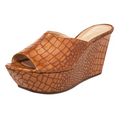 Casadei Brown Croc Embossed Leather Platform Wedge Sandals Size