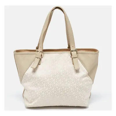 Dkny Cream/Beige Monogram Canvas and Leather Zip Tote