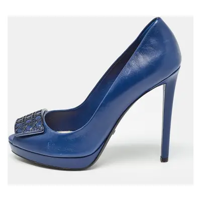 Dior Blue Leather Cannage Plaque Platform Peep Toe Pumps Size