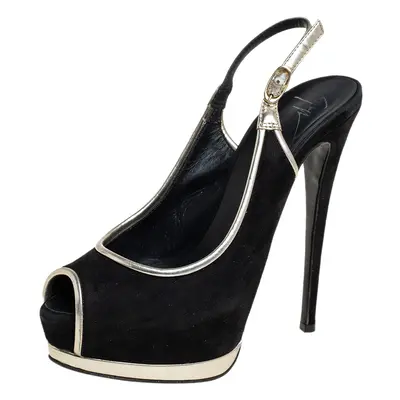 Guiseppe Zannotti Black/Silver Suede And Leather Trim Peep Toe Slingback Platform Sandals Size 3