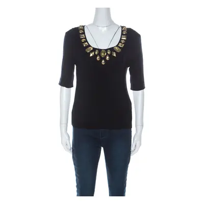 Escada Navy Blue Rib Knit Gold Embellished Neckline Three Quarter Sleeve Top