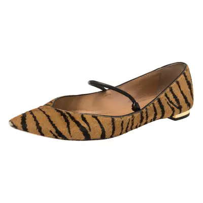 Aquazzura Tan Tiger Print Calfhair Mary Jane Pointed Toe Flats Size 37.5