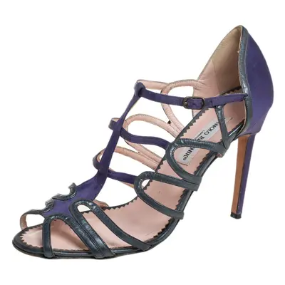 Manolo Blahnik Purple/Grey Leather And Satin Cage Sandals Size