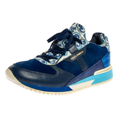 Dolce & Gabbana Blue/White Majolica Print Leather And Pony Hair Platform Sneakers Size 38.5