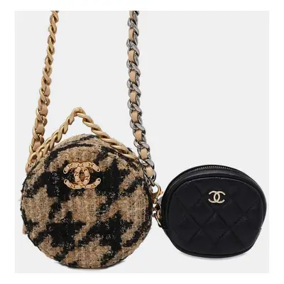 Chanel Beige/Black Tweed Leather Chanel Round Chain Shoulder Bag